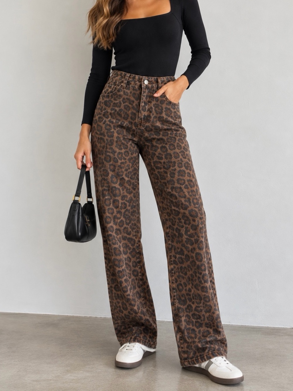 Womens Sz 28 Leopard Print Jeans High Rise Straight Wide Leg Y2K Brown